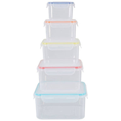 Herrela 5pc square food containers with airtight lids stacked with clear plastic and colorful silicone seals