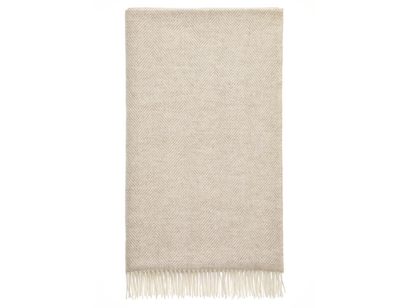Beige herringbone merino lambswool throw with soft fringe perfect for cozy warmth and style