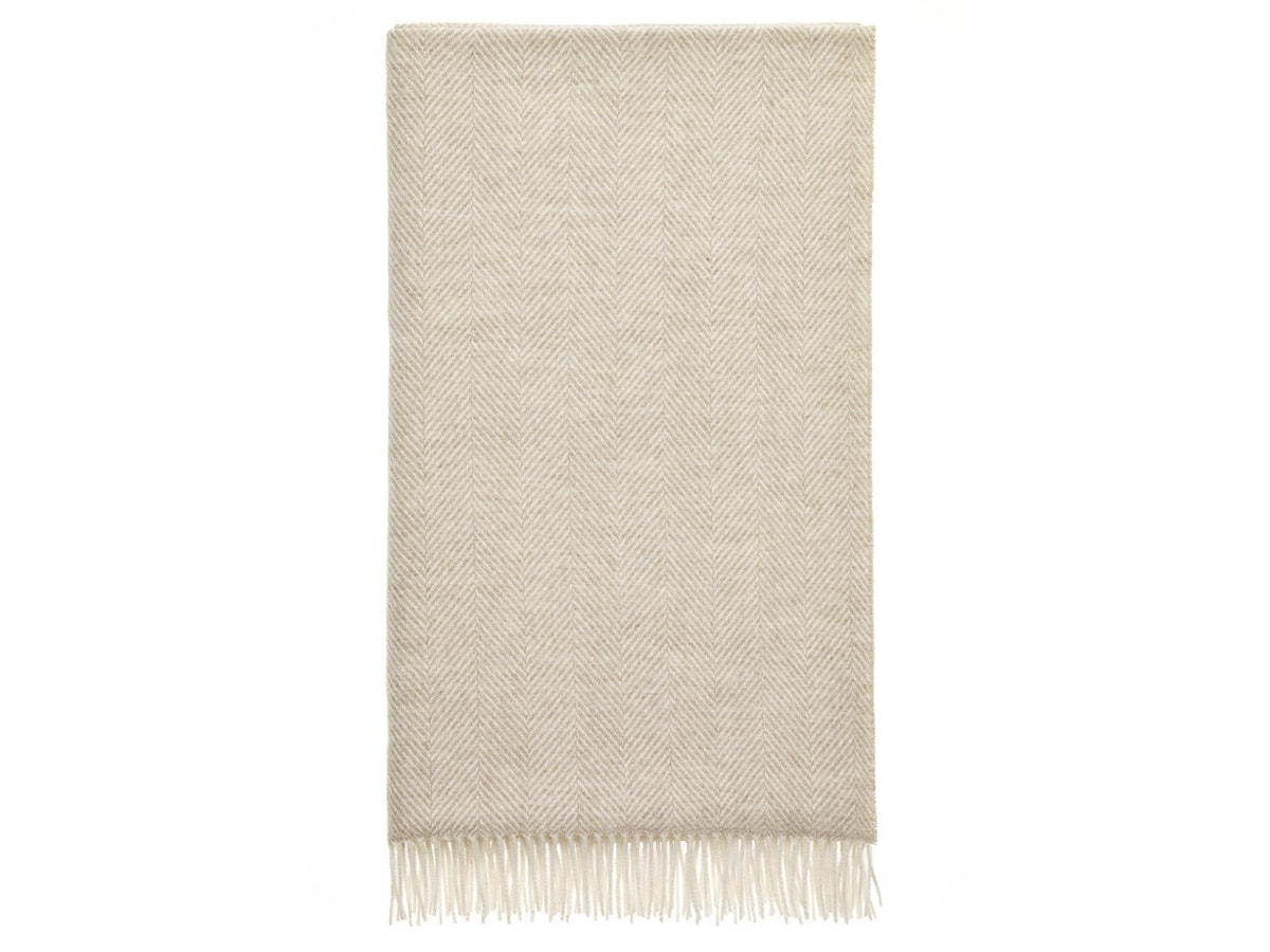 Beige herringbone merino lambswool throw with soft fringe perfect for cozy warmth and style