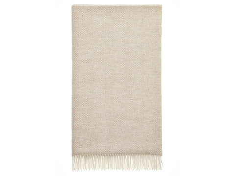 Beige herringbone merino lambswool throw with soft fringe perfect for cozy warmth and style
