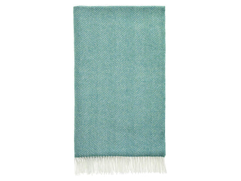 Teal herringbone merino lambswool throw with white fringe perfect for cozy warmth and style