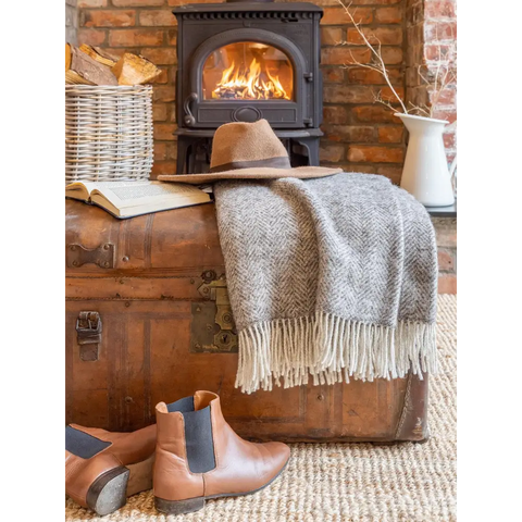 Herringbone Natural Undyed Pure Wool Throw - Pale Grey - Throws & Blankets