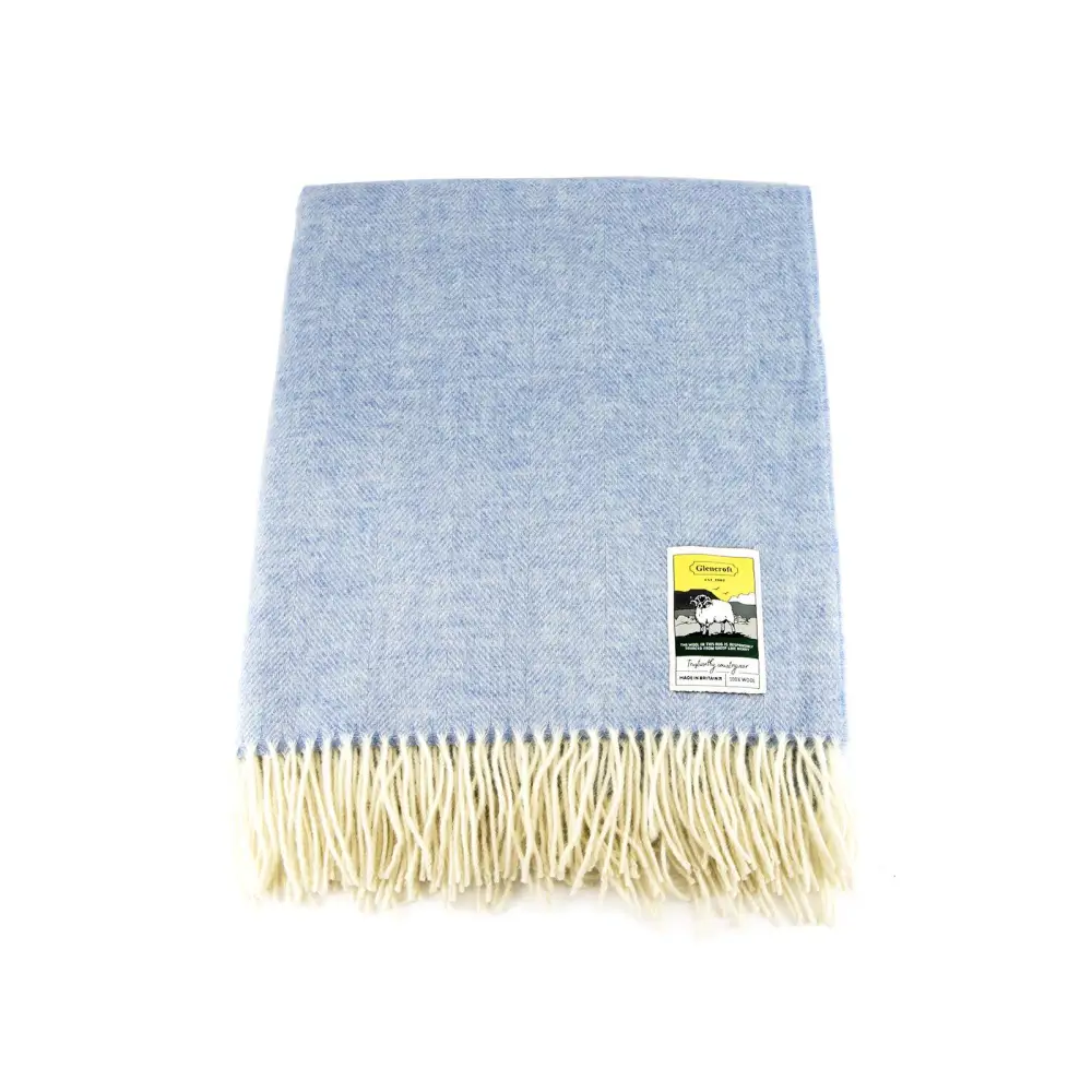 Herringbone Pure New Wool Blanket - Blue - Throws & Blankets