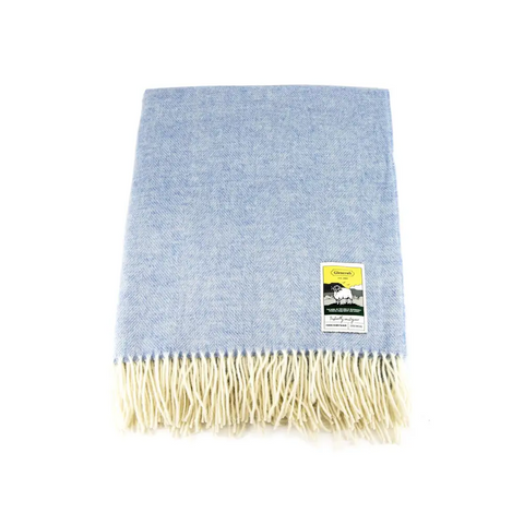 Herringbone Pure New Wool Blanket - Blue - Throws & Blankets