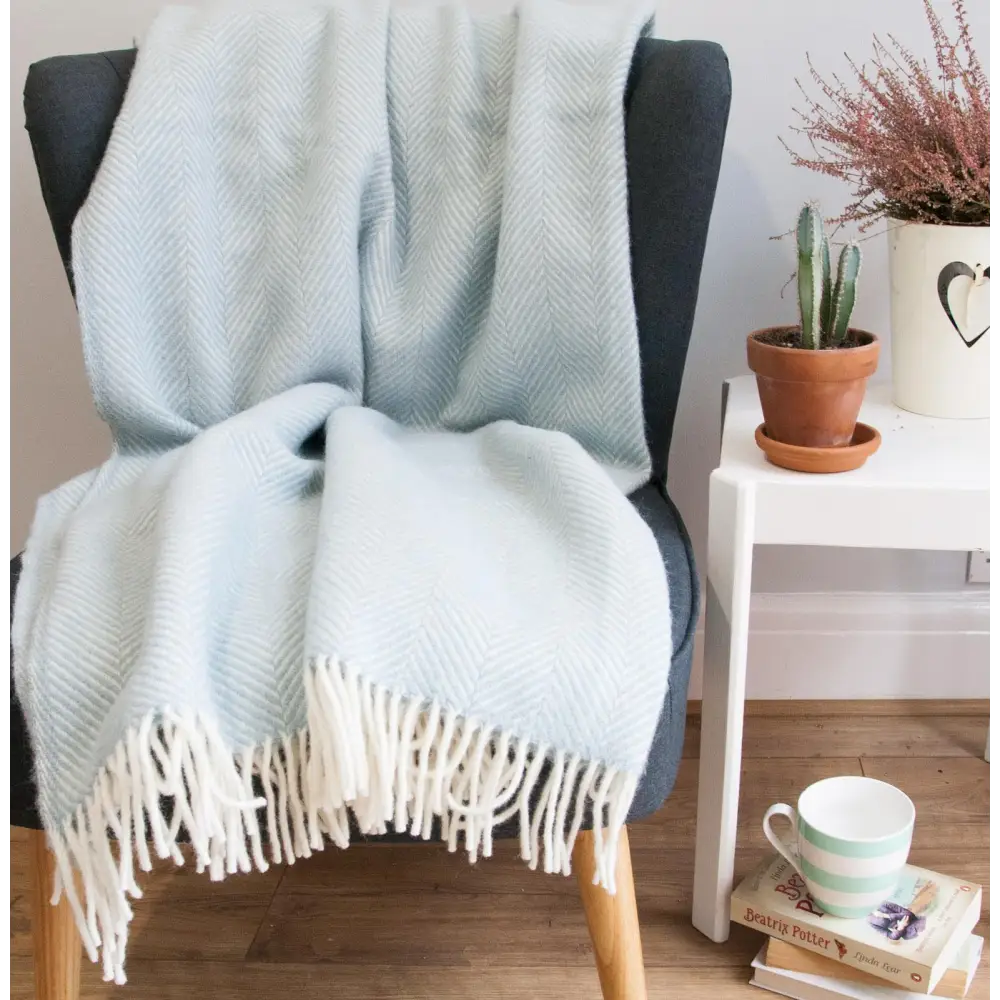 Herringbone Pure New Wool Throw - Duck Egg - Throws & Blankets