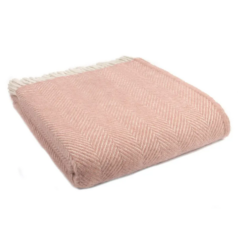 Herringbone Pure New Wool Throw - Dusky Pink/Pearl - Standard - Throws & Blankets