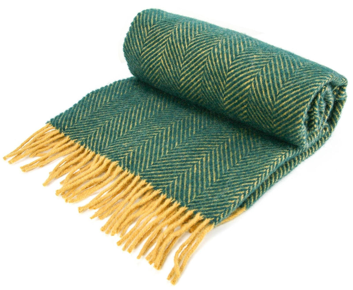 A rolled emerald mustard herringbone wool scarf with fringed ends made from pure new wool 183cm including fringe