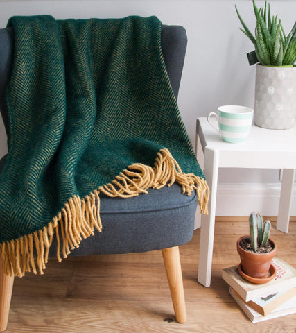 Deep green emerald mustard herringbone pure new wool throw 183cm including fringe perfect for double bed use draped over chair