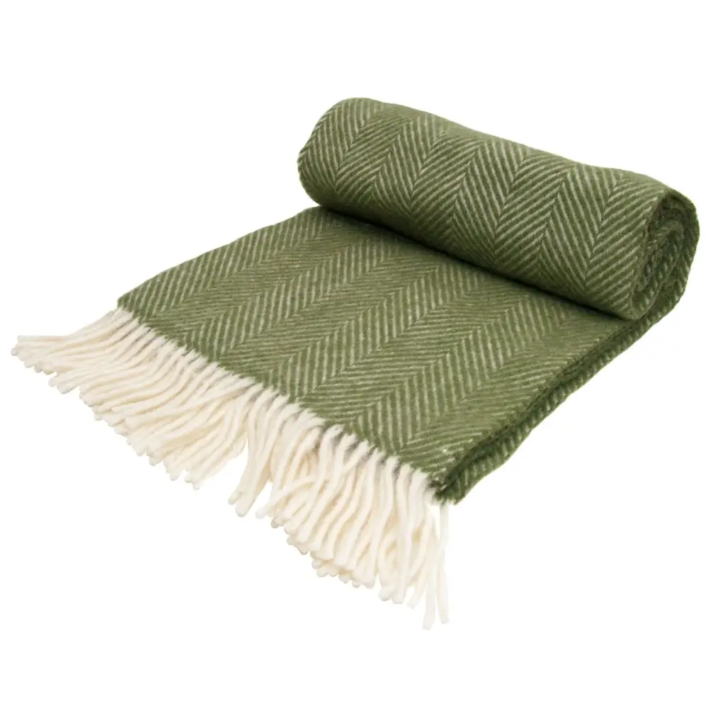 Herringbone Pure New Wool Throw - Olive - Small - Throws & Blankets