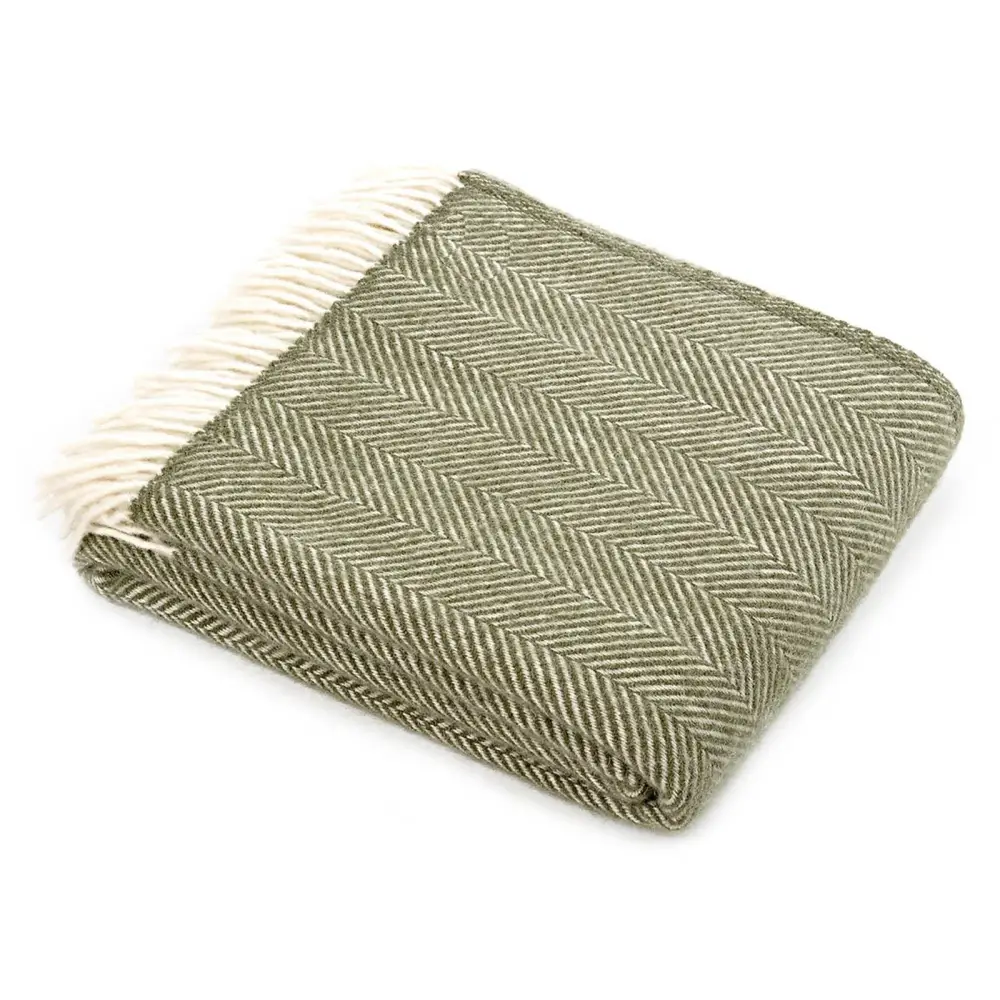Herringbone Pure New Wool Throw - Olive - Standard - Throws & Blankets