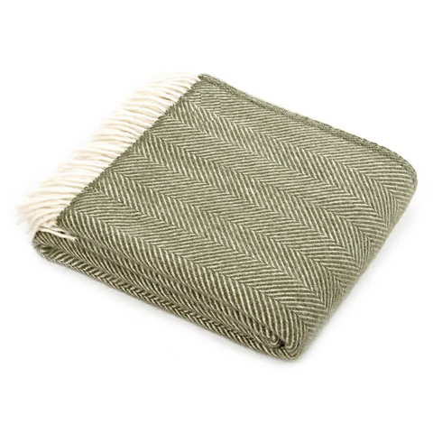 Herringbone Pure New Wool Throw - Olive - Standard - Throws & Blankets
