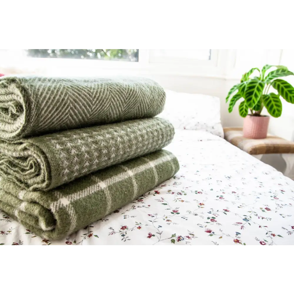 Herringbone Pure New Wool Throw - Olive - Throws & Blankets