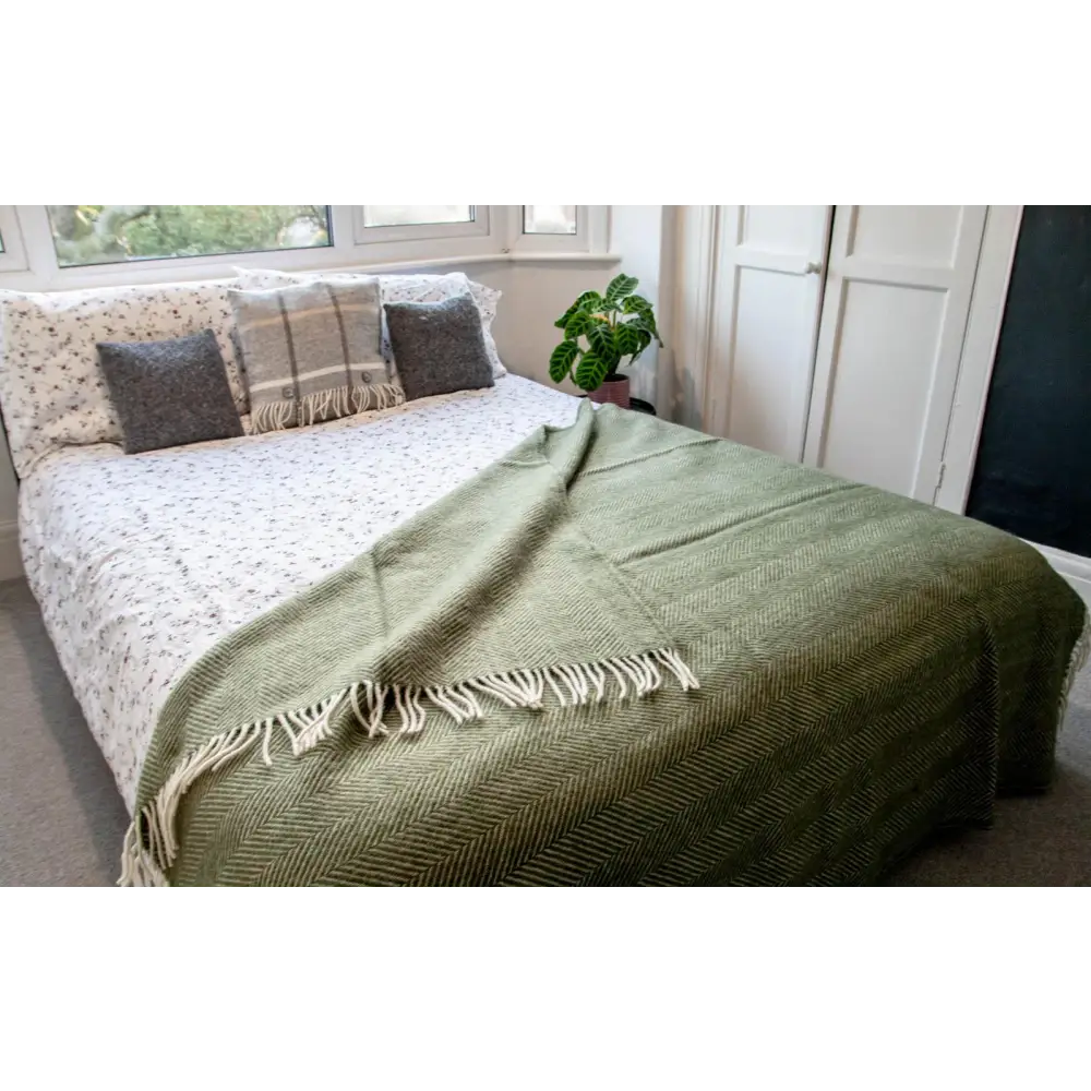 Herringbone Pure New Wool Throw - Olive - Throws & Blankets