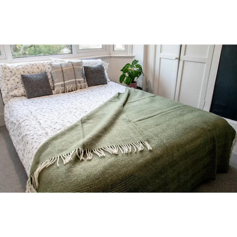 Herringbone Pure New Wool Throw - Olive - Throws & Blankets
