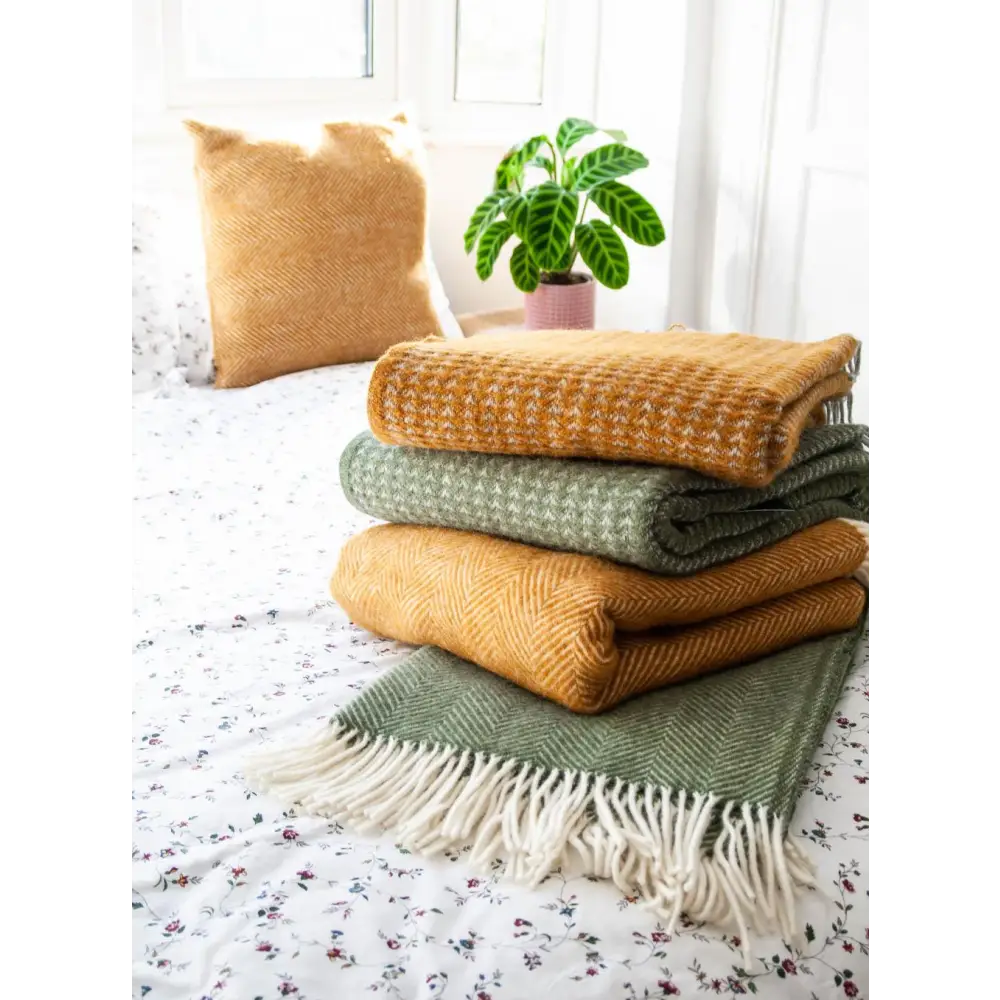 Herringbone Pure New Wool Throw - Olive - Throws & Blankets