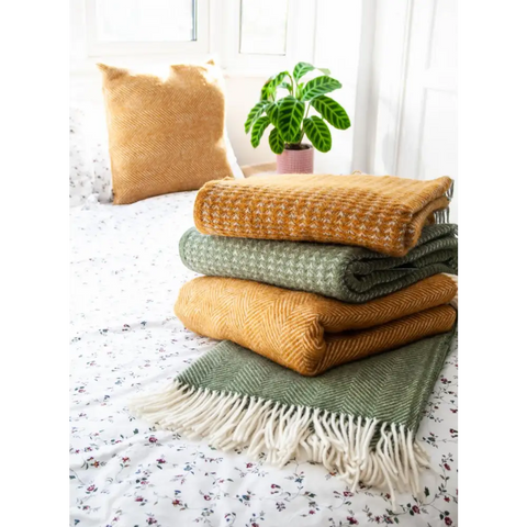 Herringbone Pure New Wool Throw - Olive - Throws & Blankets