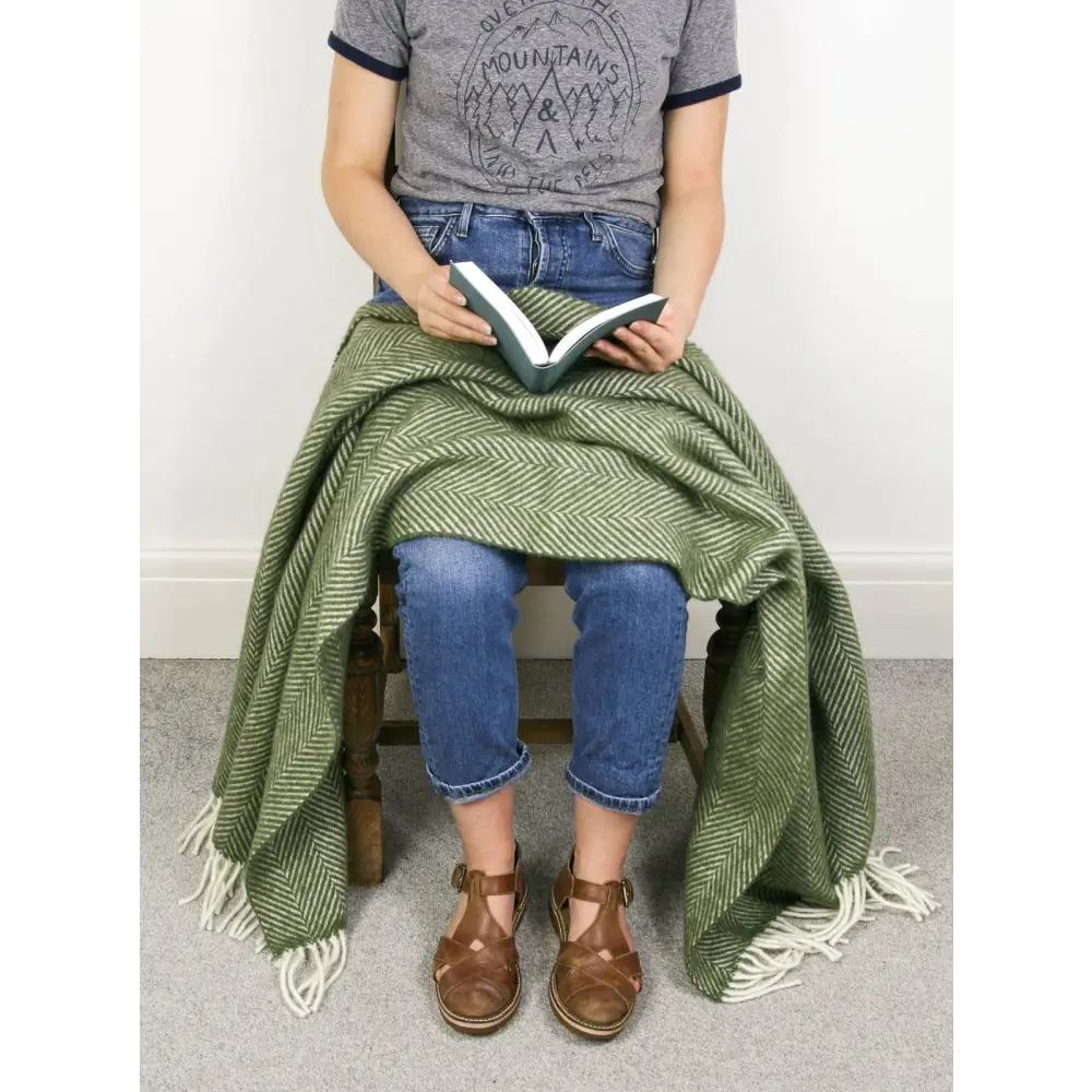 Herringbone Pure New Wool Throw - Olive - Throws & Blankets
