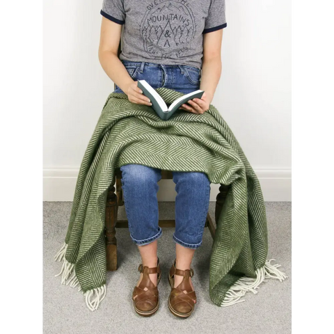 Herringbone Pure New Wool Throw - Olive - Throws & Blankets