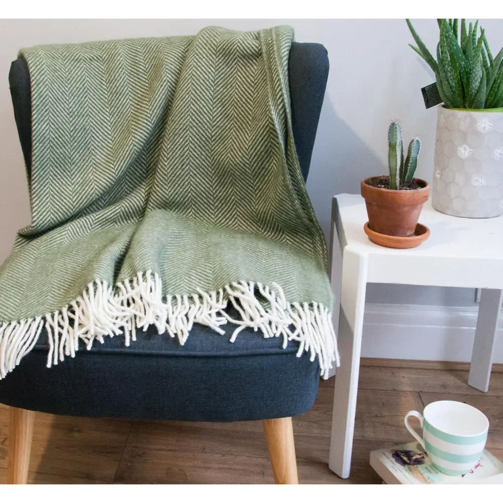 Herringbone Pure New Wool Throw - Olive - Throws & Blankets