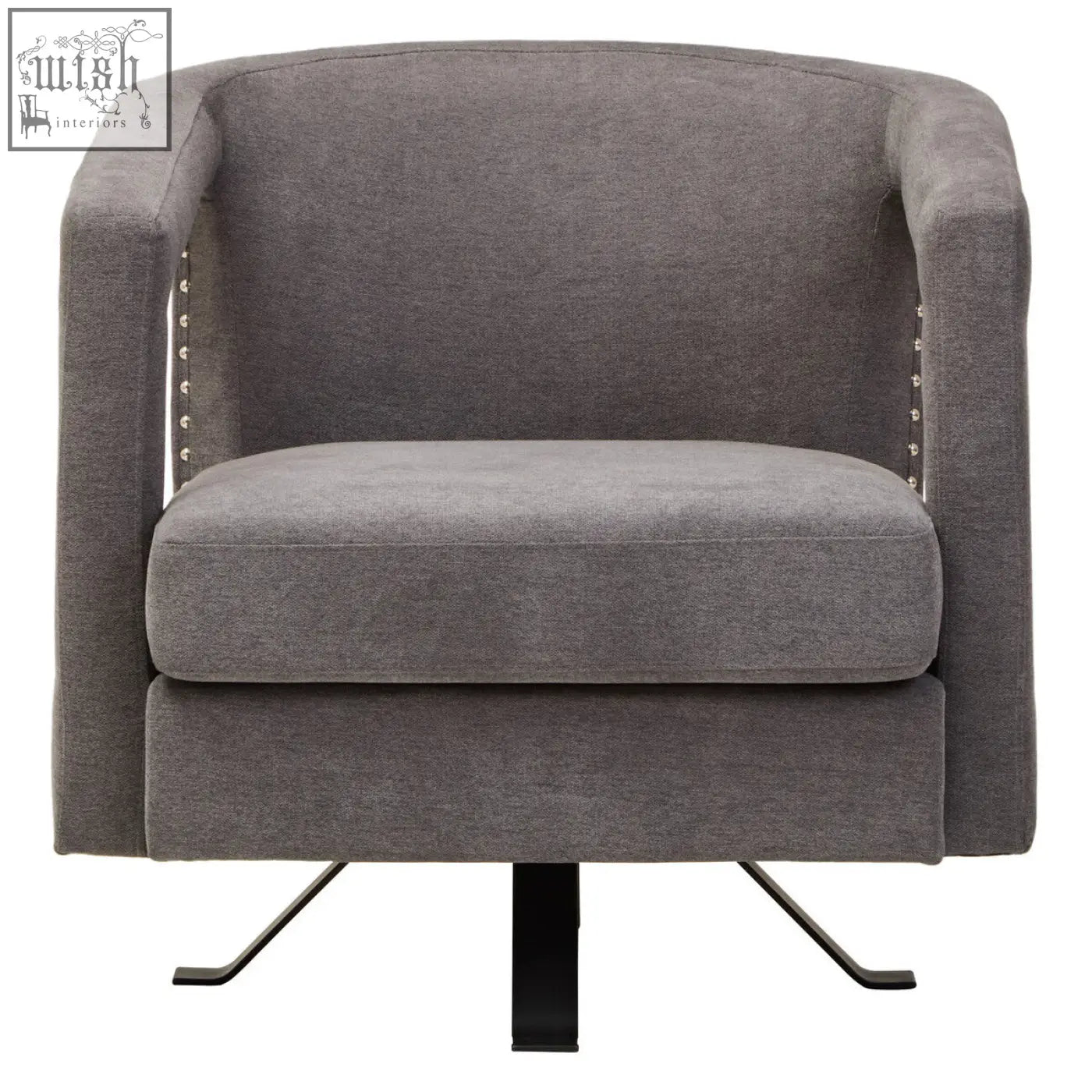 Gray upholstered hestia ash velvet swivel chair with studded accents and black metal base for sleek seating