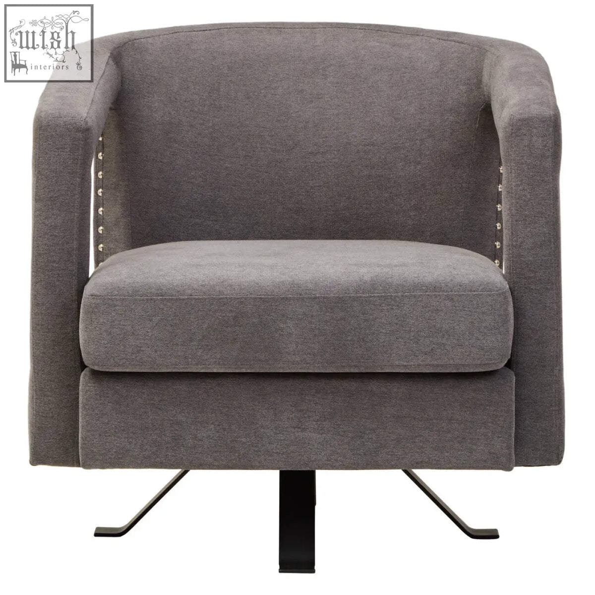 Gray upholstered hestia ash velvet swivel chair with studded accents and black metal base for sleek seating