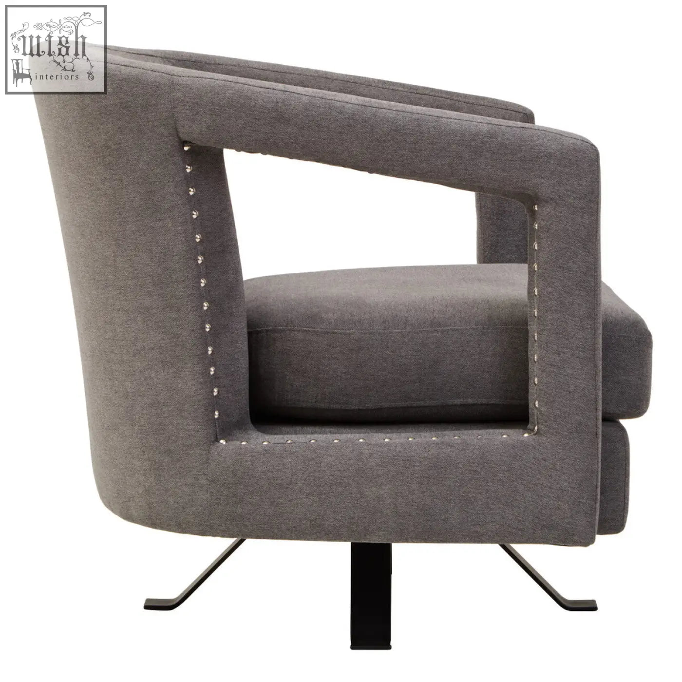 Gray hestia ash velvet swivel chair with nailhead trim and sleek black metal legs in modern design