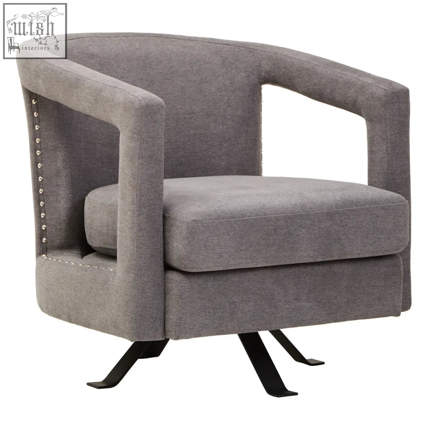 Gray upholstered hestia ash velvet swivel chair with studded accents and black metal base for stylish seating