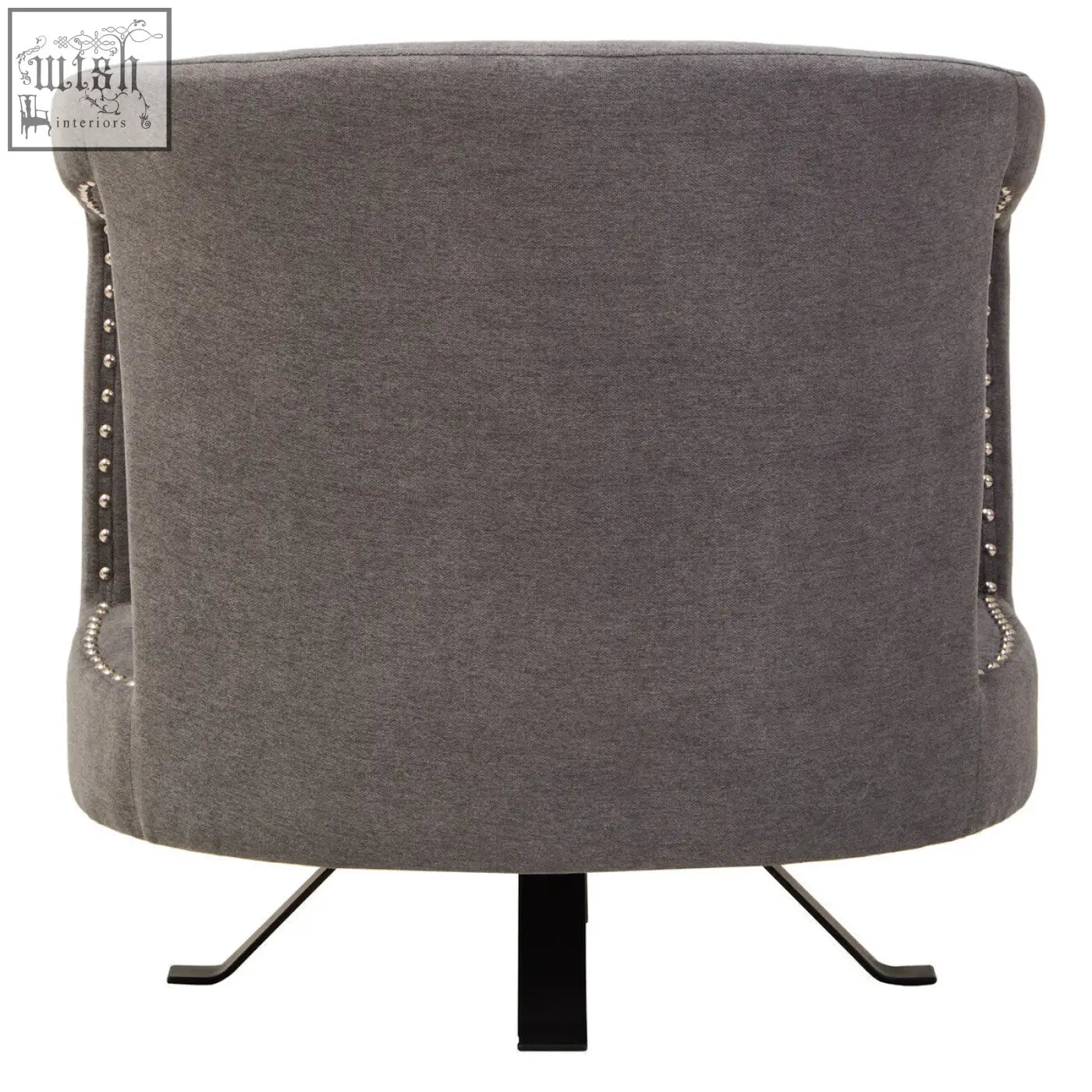 Gray upholstered hestia ash velvet swivel chair with tufted back and silver nailhead trim on black metal base