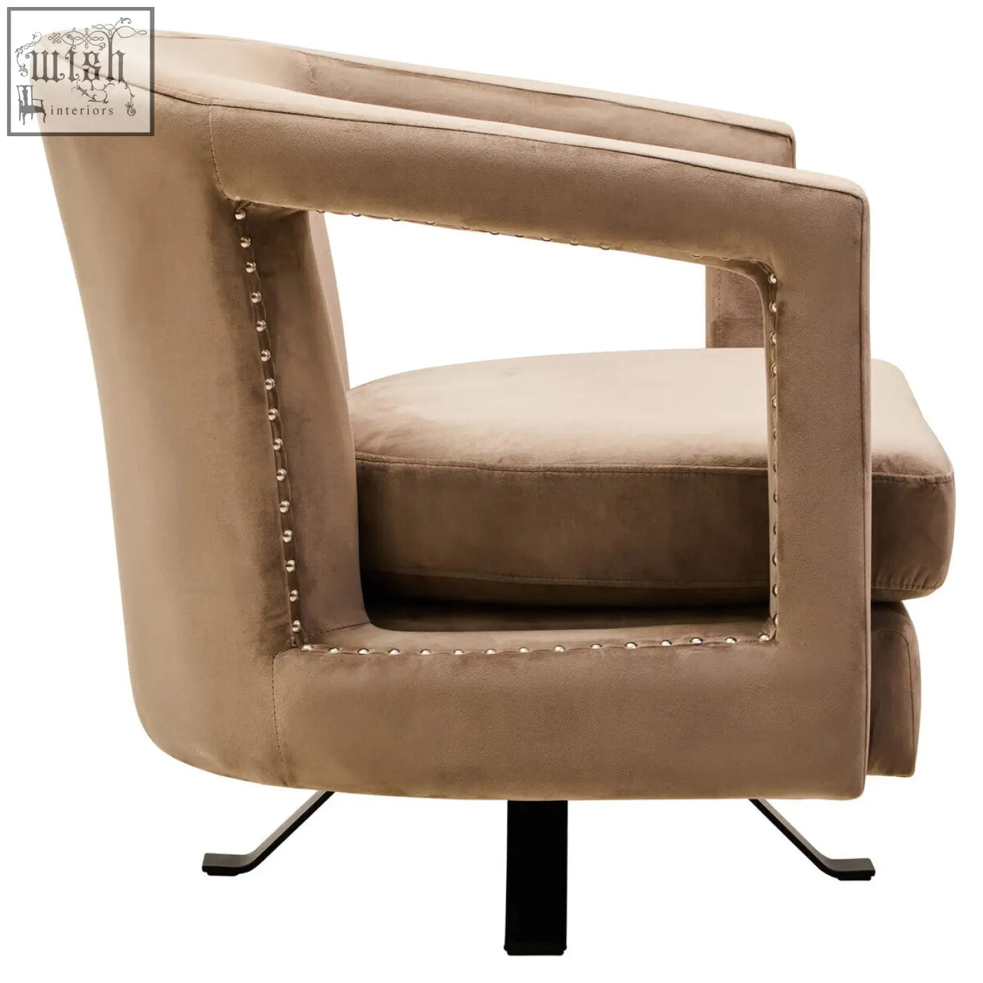 Beige hestia mink velvet swivel chair with metallic nailhead trim and black metal legs for stylish seating