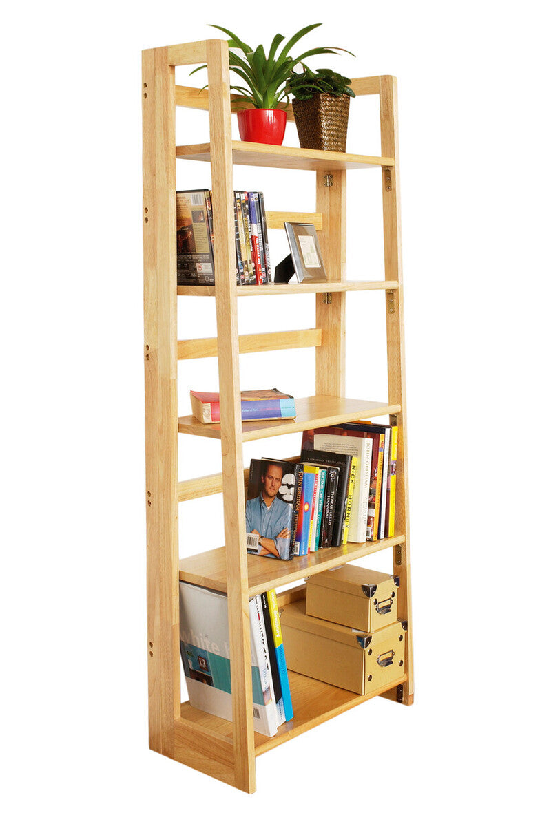 Heva 5 tier tropical hevea wood ladder bookshelf in light wood with multiple shelves holding books and decor items