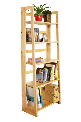 Heva 5 tier tropical hevea wood ladder bookshelf in light wood with multiple shelves holding books and decor items