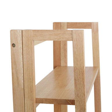 Light-colored wooden 5 tier shelf unit with simple minimalist design made from tropical hevea wood called heva