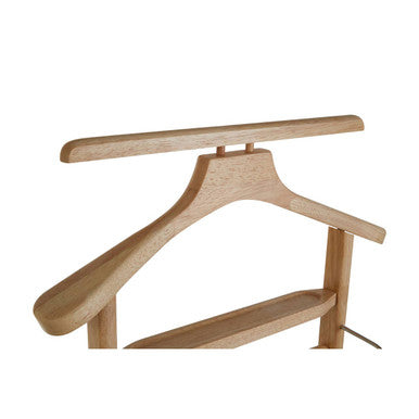 Light-colored natural tropical hevea wood clothes valet with minimalist design and two horizontal bars for hanging clothes