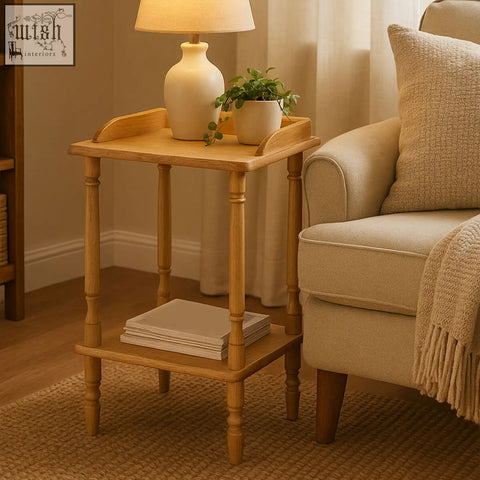 Light oak tropical hevea wood side table with turned legs and a lower shelf perfect for any room