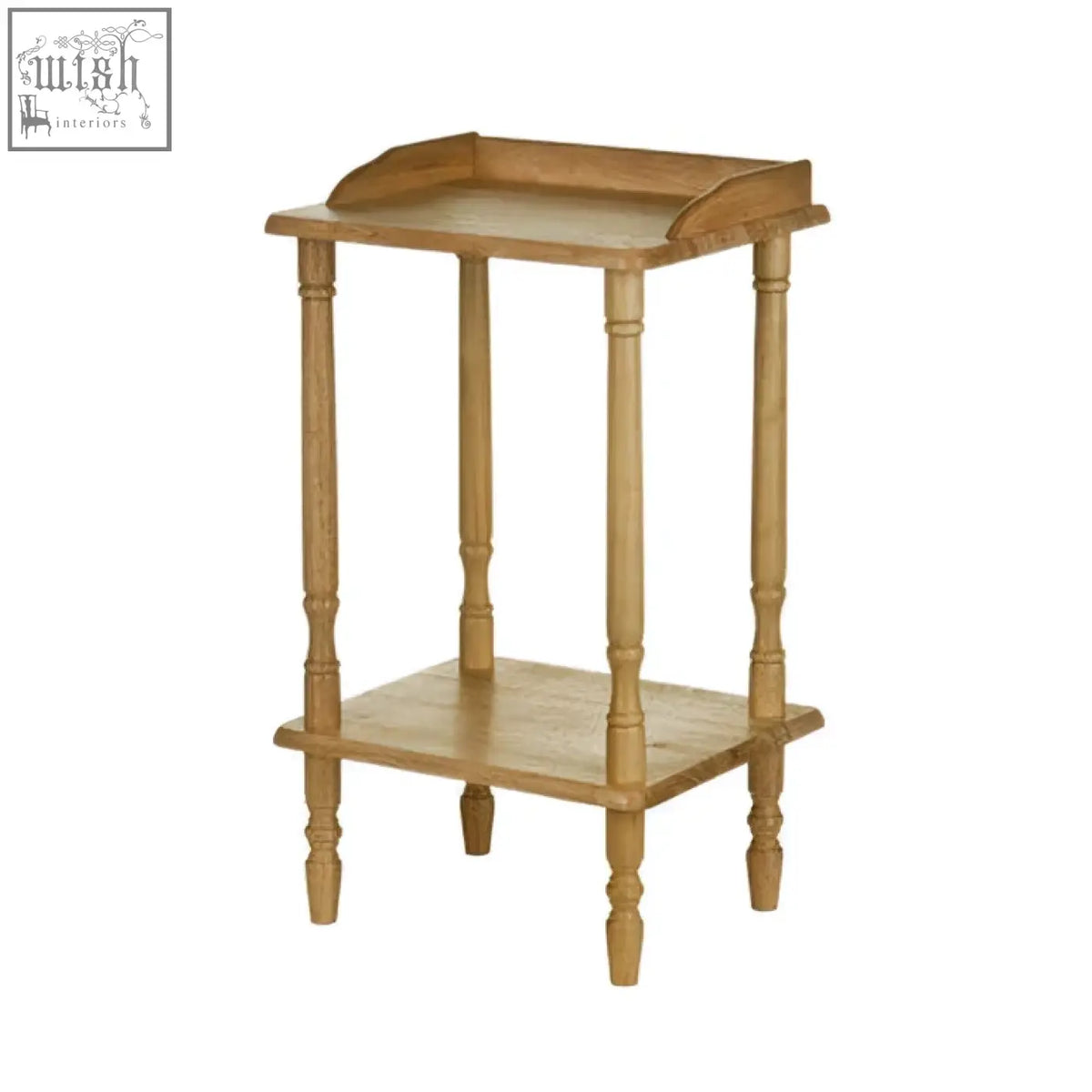 Light oak two-tier side table with turned legs and curved top edge made from tropical hevea wood