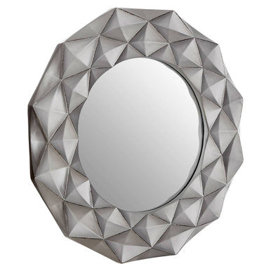 Silver geometric wall mirror with faceted octagonal frame and effect light silver finish for modern decor