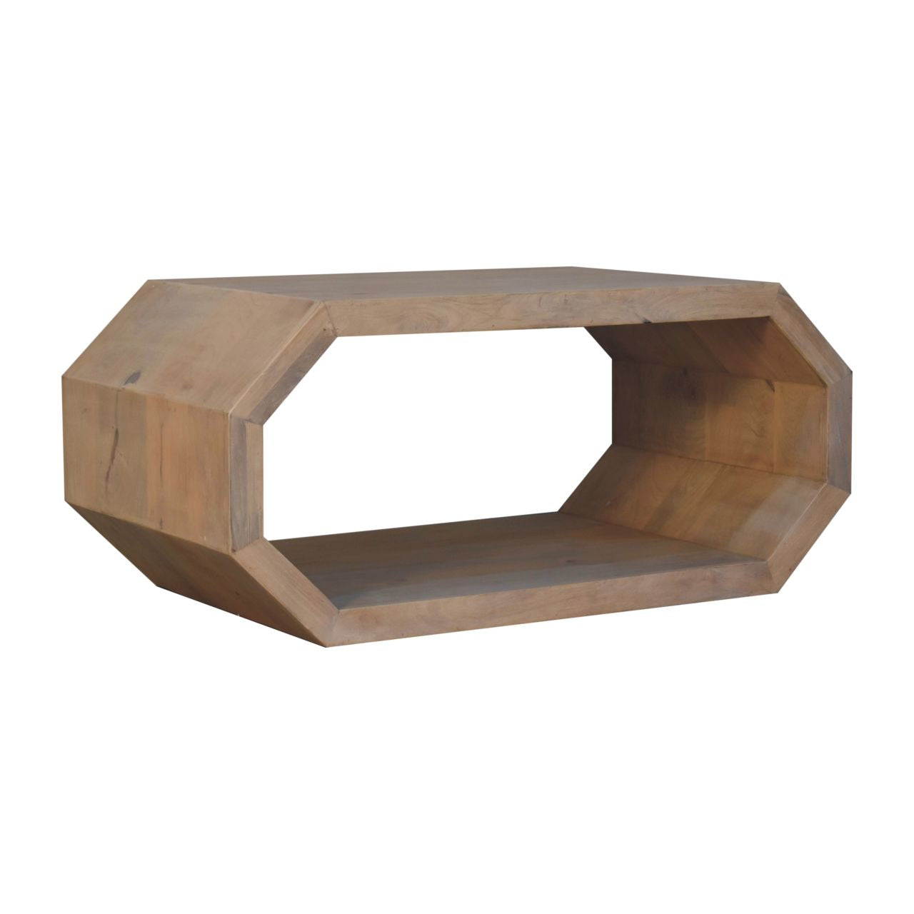 Light brown wooden hexagonal coffee table with visible wood grain and hollow center for modern living spaces