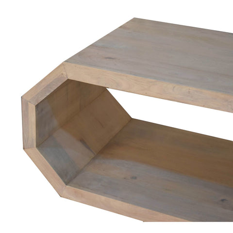 Light-colored wooden hexagonal coffee table with unique cutout design perfect for modern living spaces