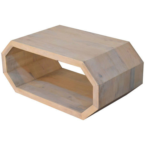 Light-colored wooden hexagonal coffee table with octagonal cutout design perfect for modern living rooms