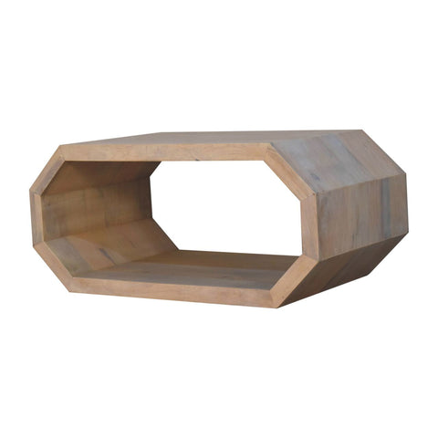 Hexagonal coffee table with light wood octagonal shelf and hollow center featuring a clean minimalist design