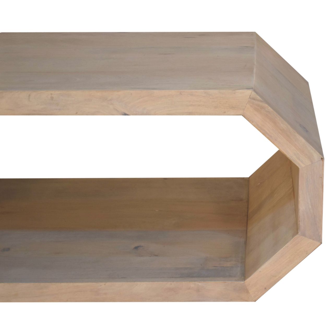 Hexagonal coffee table with light-colored wooden hexagonal shelf and natural wood grain finish