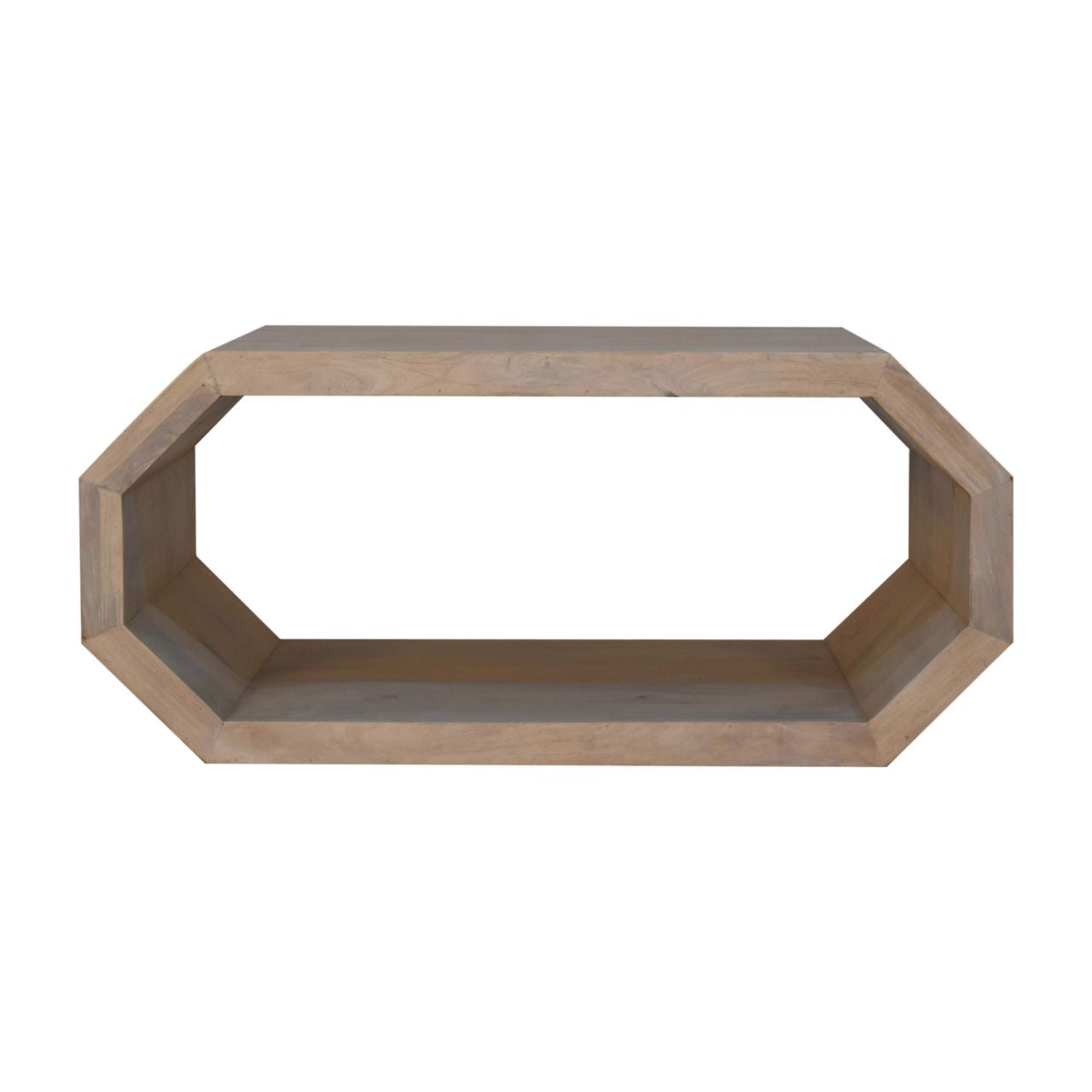 Light wood hexagonal coffee table with octagonal floating shelf made of wood for stylish living room storage