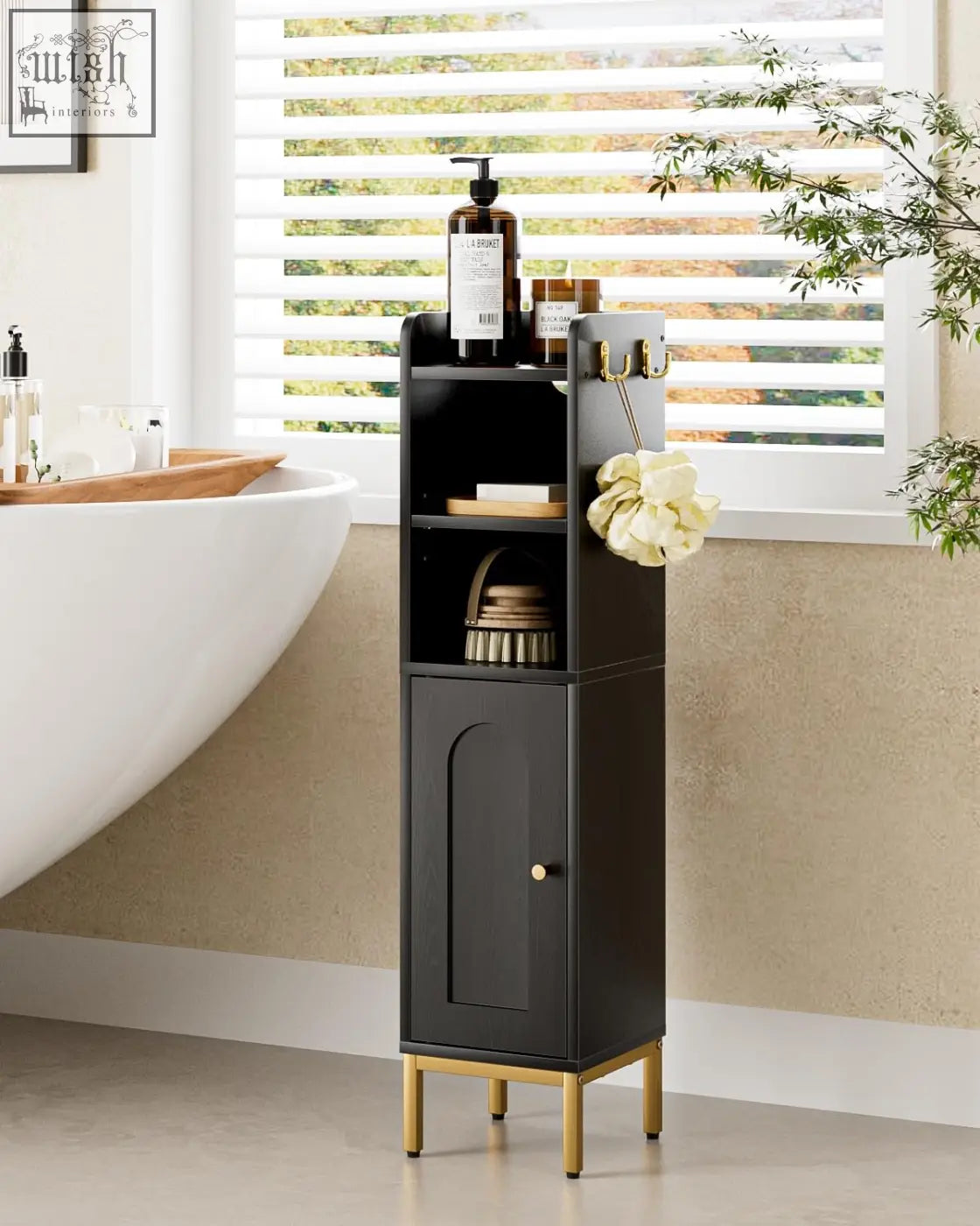 Black heyzoy bathroom storage cabinet with gold-tone legs open shelves door and side hooks for living room use