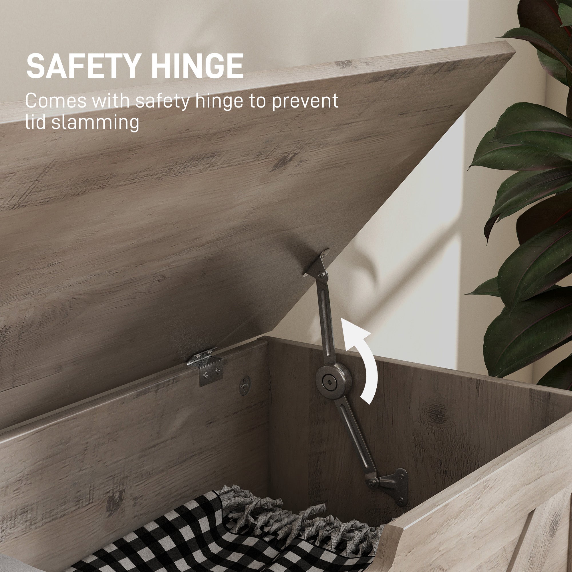 HOMCOM 100L Home Storage Box, with Safety Hinges - Grey Wood-Effect