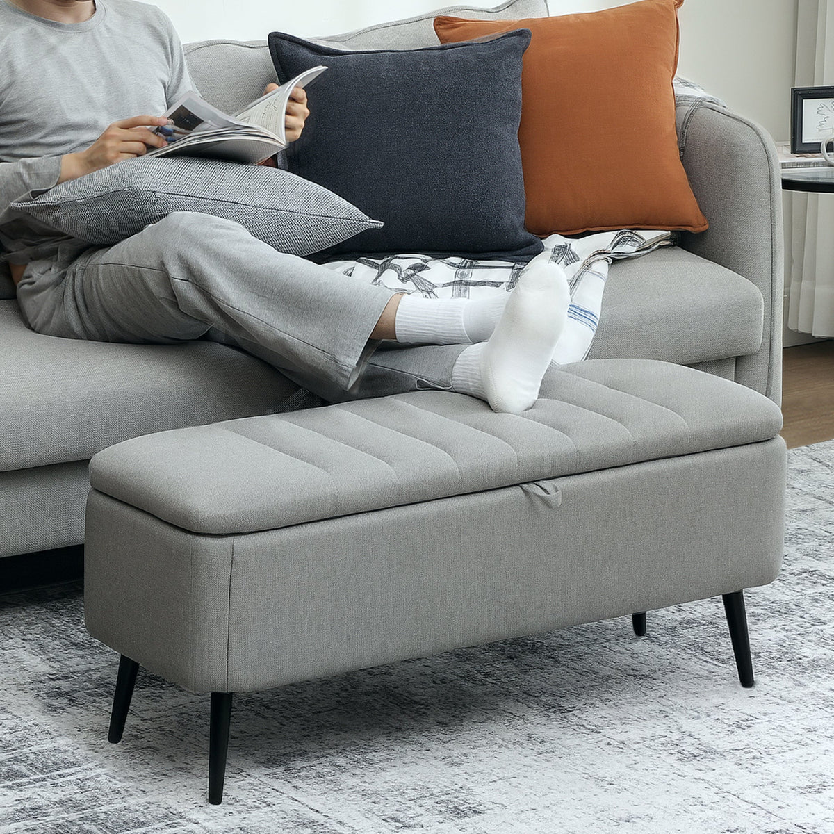 HOMCOM 92 x 31cm Linen-Look Storage Ottoman - Light Grey
