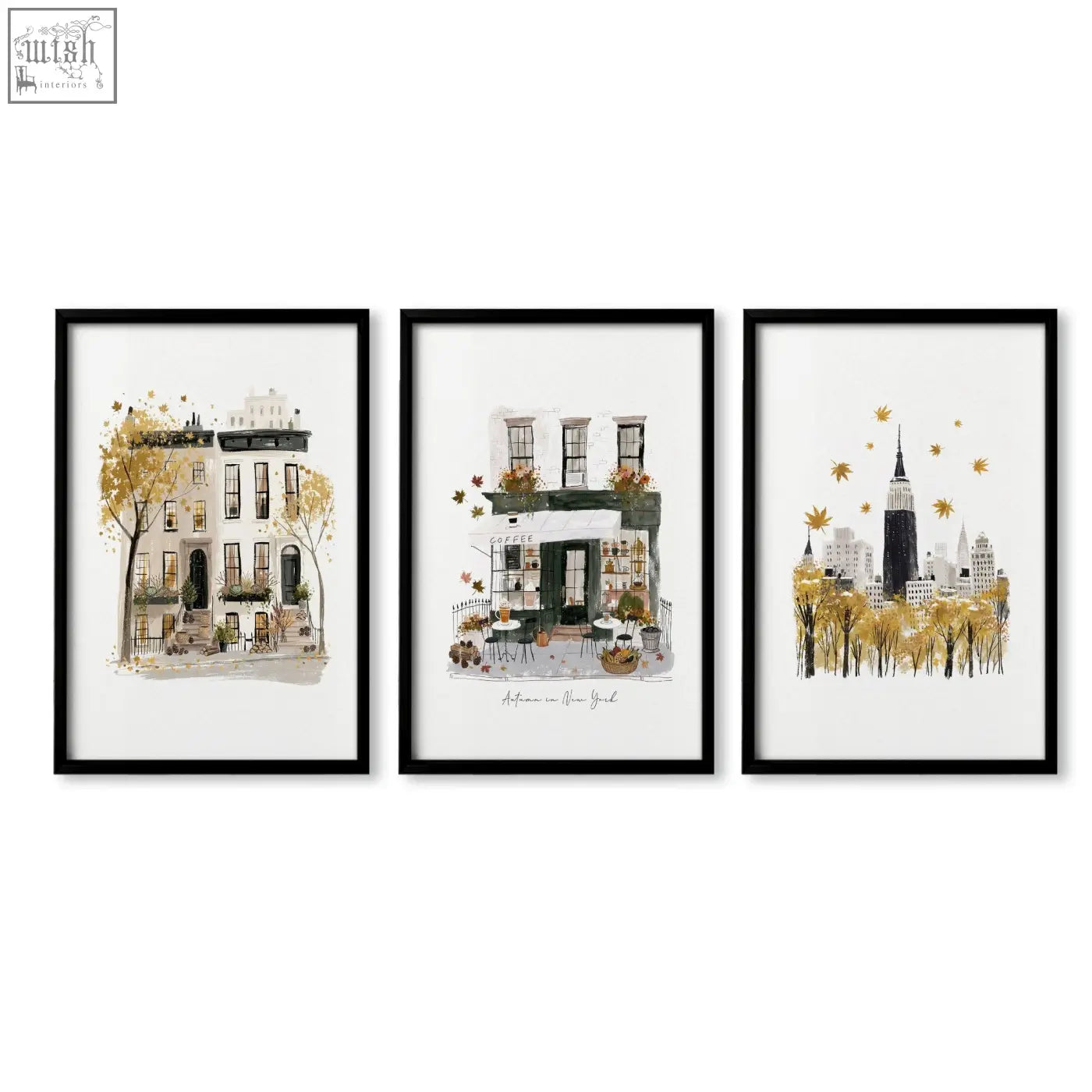 Set of three framed black travel wall art prints featuring new york autumn cityscapes with golden leaves