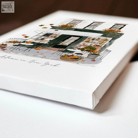White canvas travel wall art print featuring an illustrated new york autumn street scene with warm ochre tones