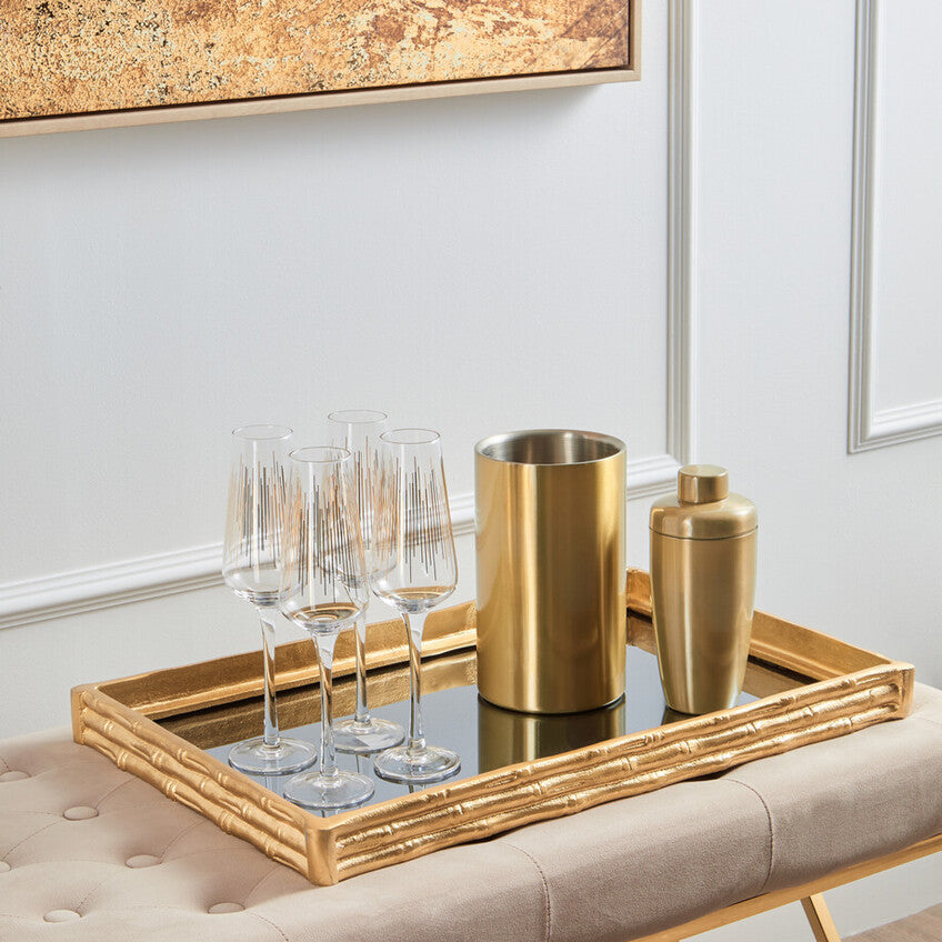 Hiba Gold Finish Bamboo Effect Mirrored Tray