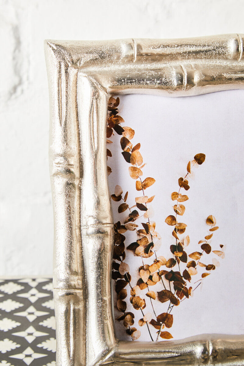 Silver bamboo style picture frame with textured metallic finish featuring a silver finish bamboo effect design