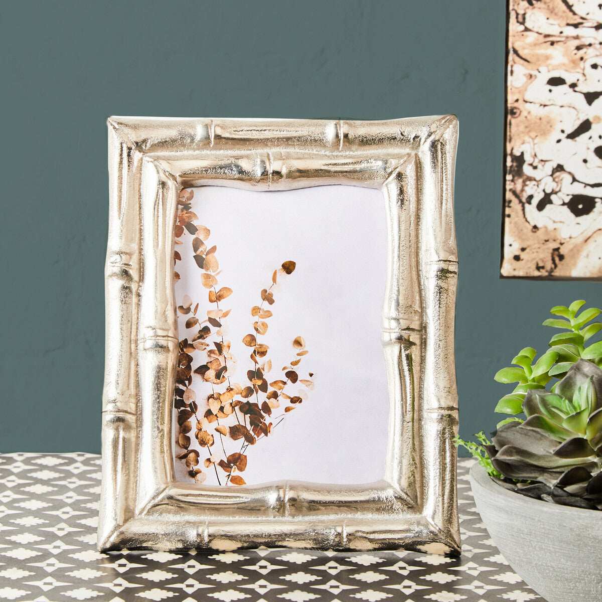 Silver finish bamboo photo frame with textured metallic finish and bamboo effect design for 5x7 inch photos